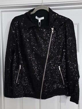 Adyson Parker Black Sequin Asymmetrical Zip Jacket Size M New